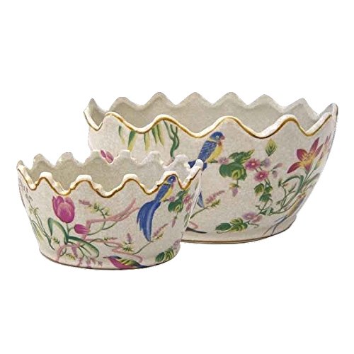 Better & Best 1395050 – Set mit 2 Blumenkästen Porzellan Oval, Rand mit Spitzen, mit Zeichnung Vögel und Blumen, Blau